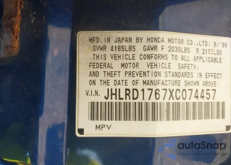 1999 Honda Cr-V Ex z USA, uszkodzony, nr VIN JHLRD1767XC074457
